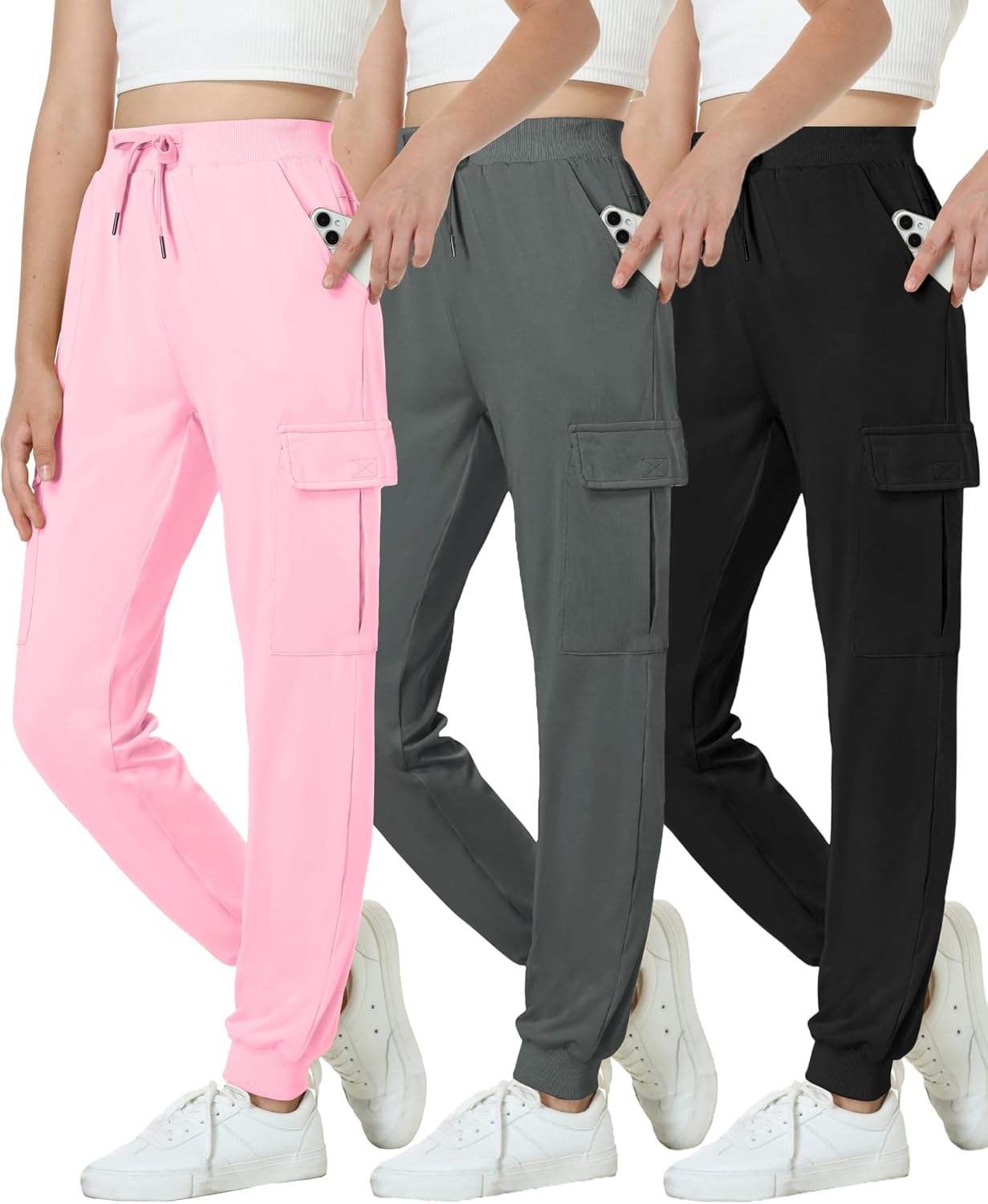 EXARUS Girls Cargo Joggers Slim Fit with Zip Pockets for Kids