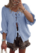 Tie Front Bow Cardigan Sweater - Lightweight Ruffle Sleeve Jacket
