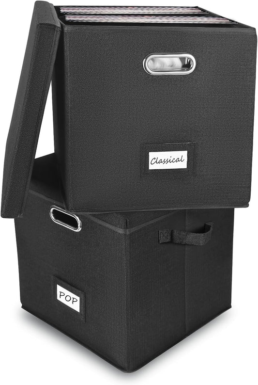 Vinyl Record Storage Box Set of 2 for 100+ LPs Organization