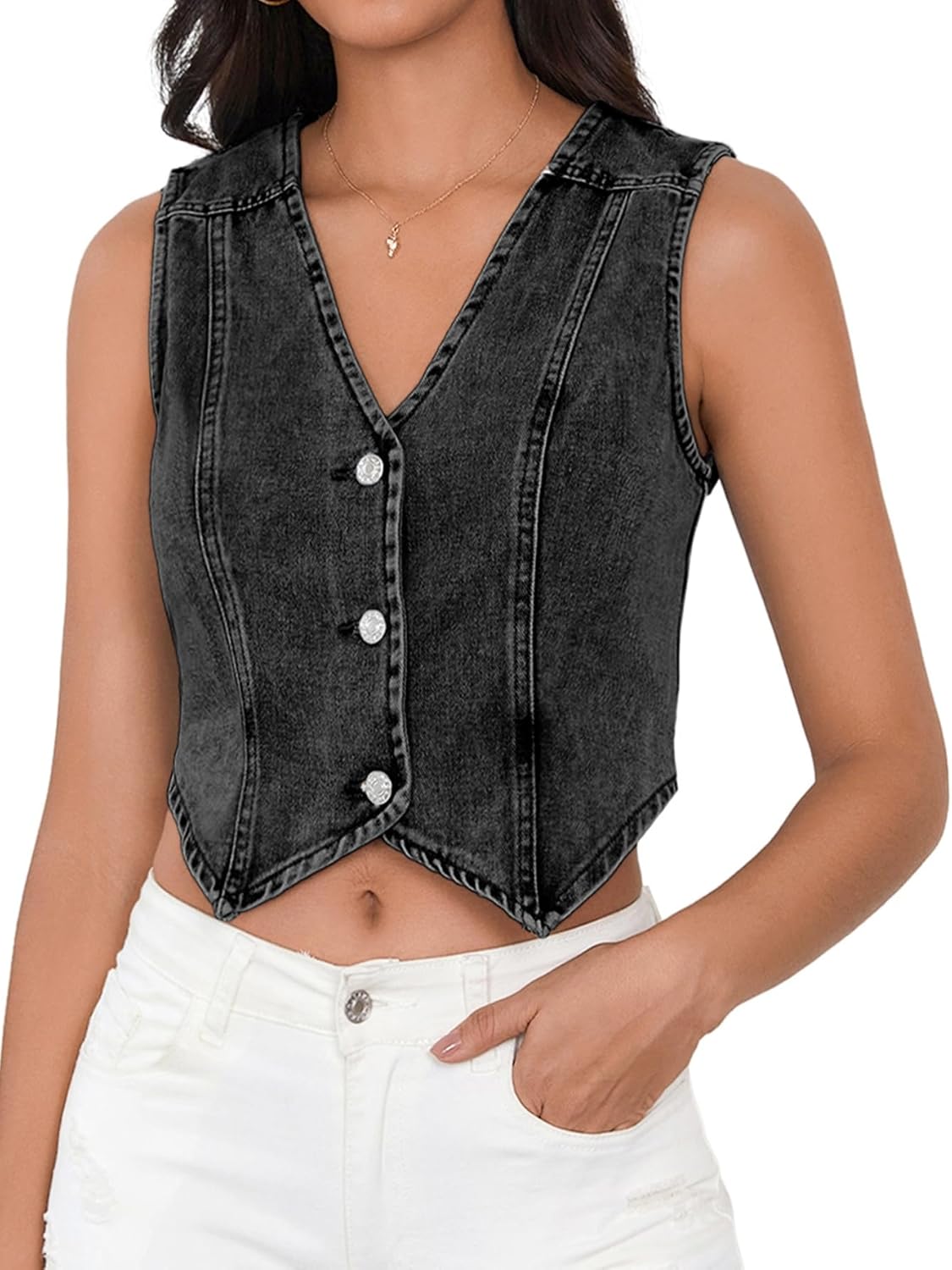 SHENHE Women's Denim Vest Button Down Sleeveless Jean Top