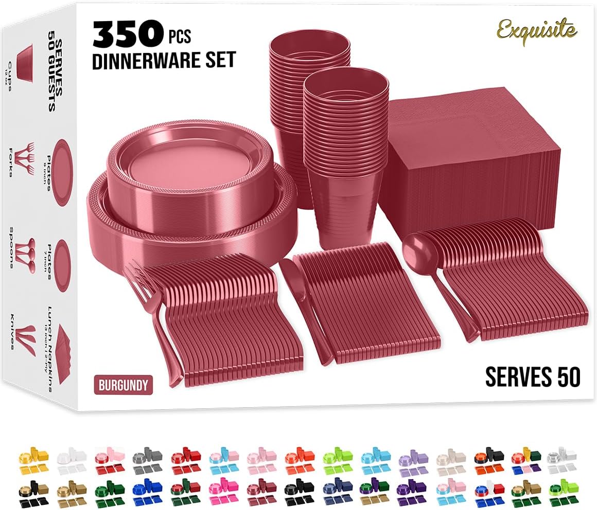 350 Pcs Burgundy Plastic Plates Set for Any Occasion