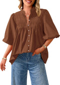 Women's Short Lantern Sleeve Button Down Blouse - Loose Fit V Neck