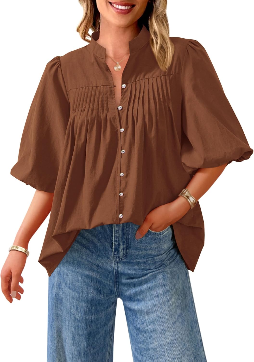 PRETTYGARDEN Women's Summer Short Lantern Sleeve Button Down Tops