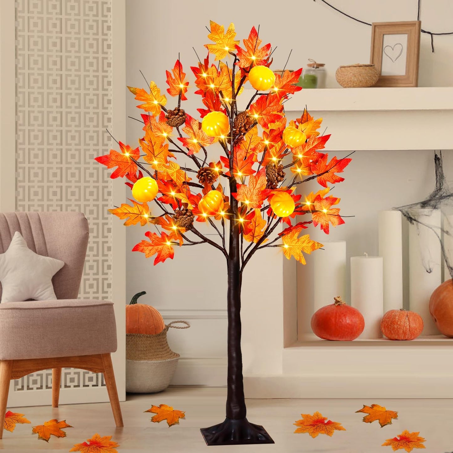 4 Feet Prelit Fall Maple Tree with 60 LED Lights for Decor