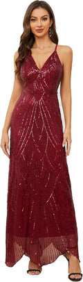 Women's V Neck Sequin Spaghetti Strap Prom Dress - Sparkly Irregular