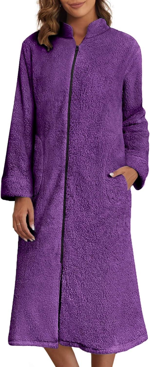 Ekouaer Women's Zip Up Robe Fleece Bathrobe for Cozy Comfort