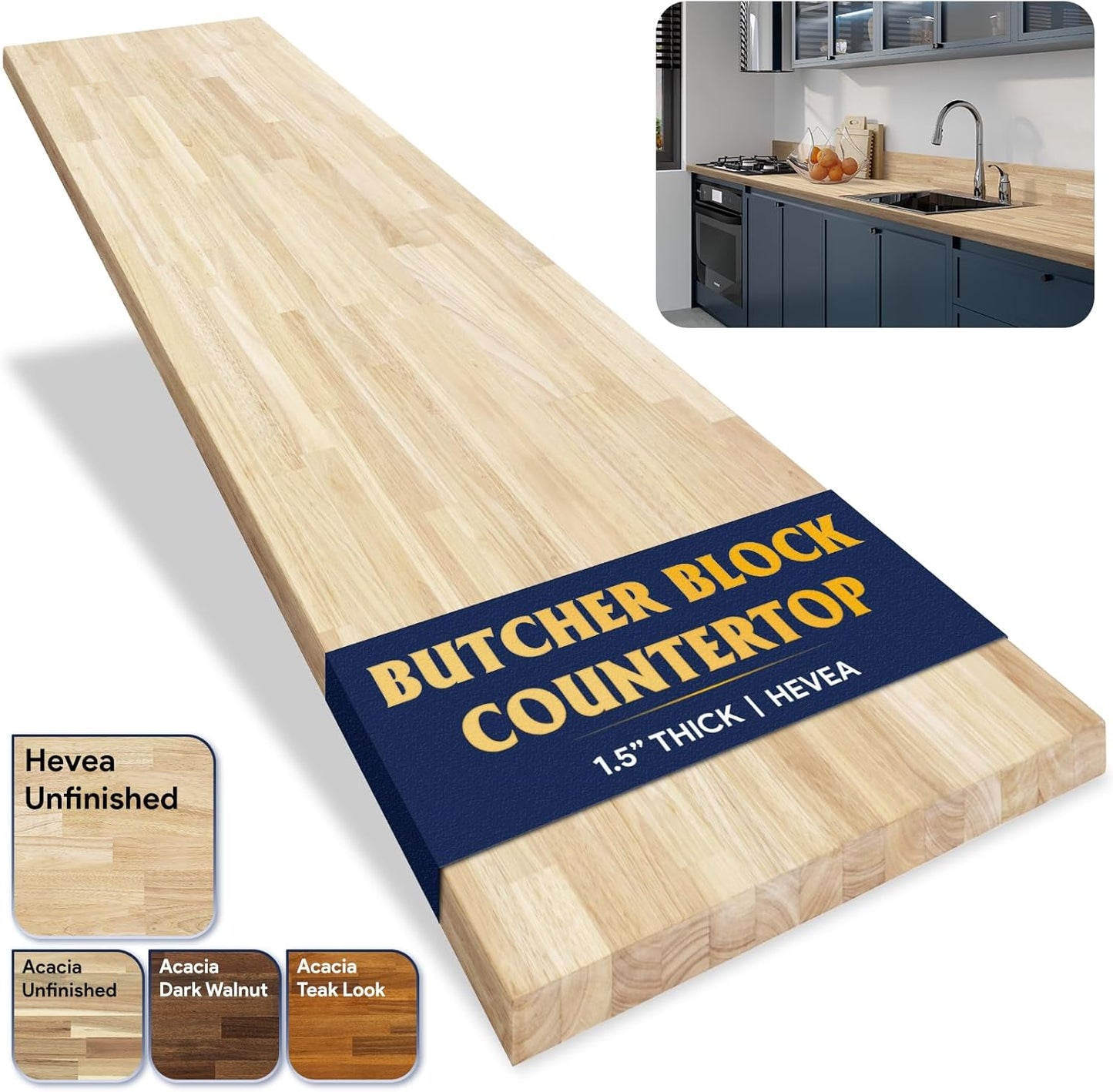 Butcher Block Countertop 36 x 25 x 1.5, Hevea Solid Wood Top