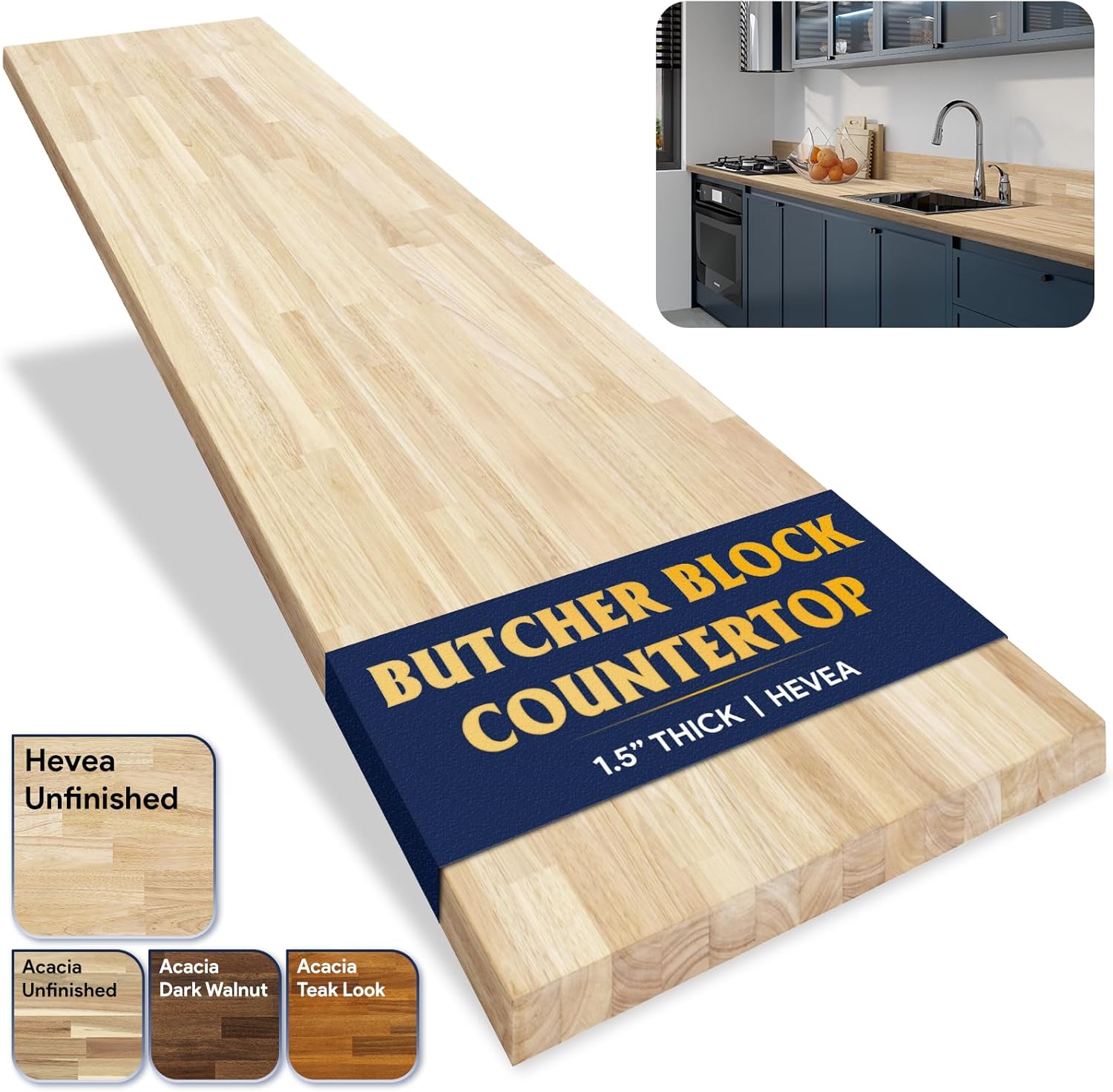Butcher Block Countertop 36 x 25 x 1.5, Hevea Solid Wood Top