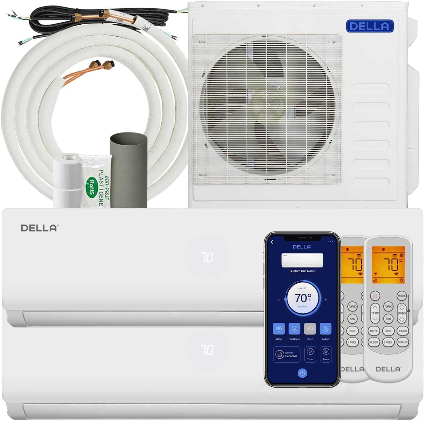 Della Dual Zone Mini Split AC - Cools 2000 Sq.Ft, Wifi Enabled, Works with Alexa