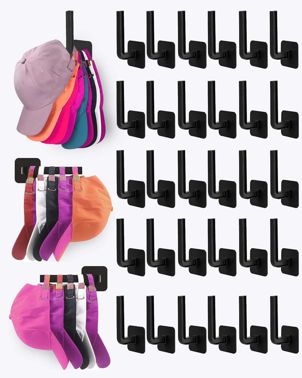 30-Pack Hat Organizer for Wall Storage, Strong Adhesive Hooks