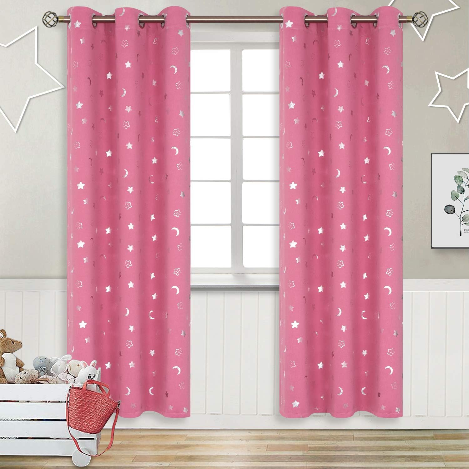 Pink Blackout Curtains for Girls Bedroom with Stars and Moons