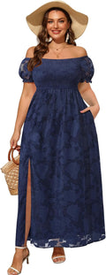 Plus Size Summer Dresses for Women - Boho Navy Off Shoulder Maxi