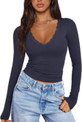 Sexy V Neck Lace Long Sleeve Shirts for Trendy Fall Style