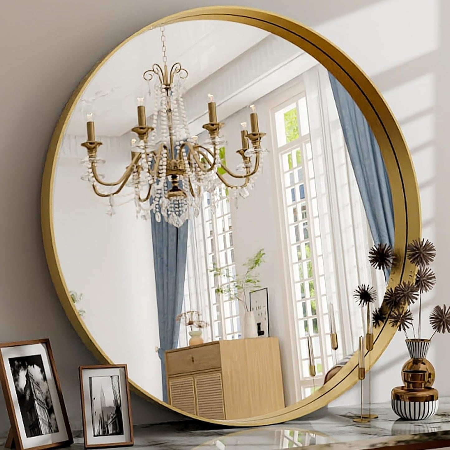 24 Inch Round Bathroom Mirror with Metal Frame for Modern Decor