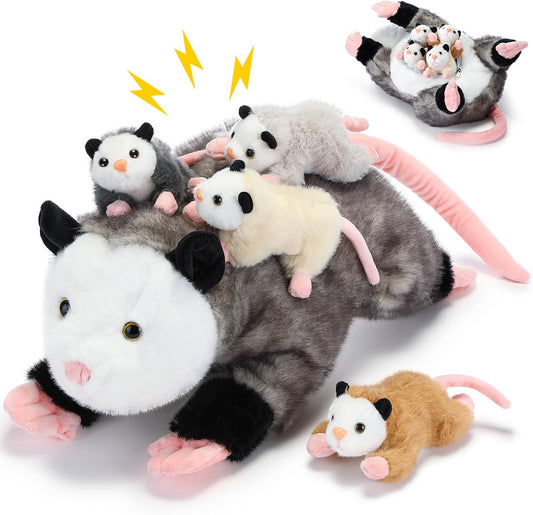 5 Pcs Stuffed Opossum Mommy Plush with 4 Baby Opossums Toys