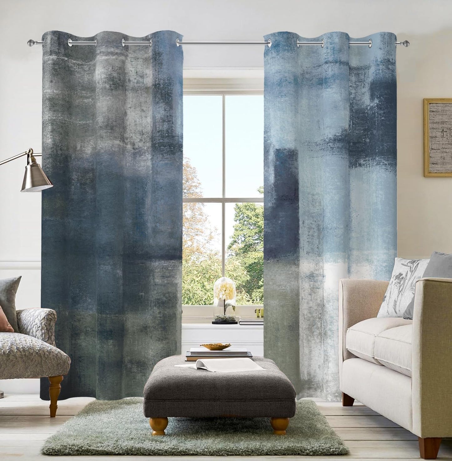 Dusty Blue Abstract Curtains Set for Modern Chic Decor