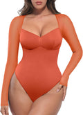 FeelinGirl Long Sleeve V Neck Mesh Bodysuit - Sleek Shape and Sheer