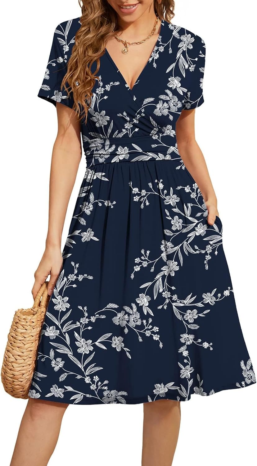 WEACZZY Women's Summer Short Sleeve Casual Floral Dress with Pockets