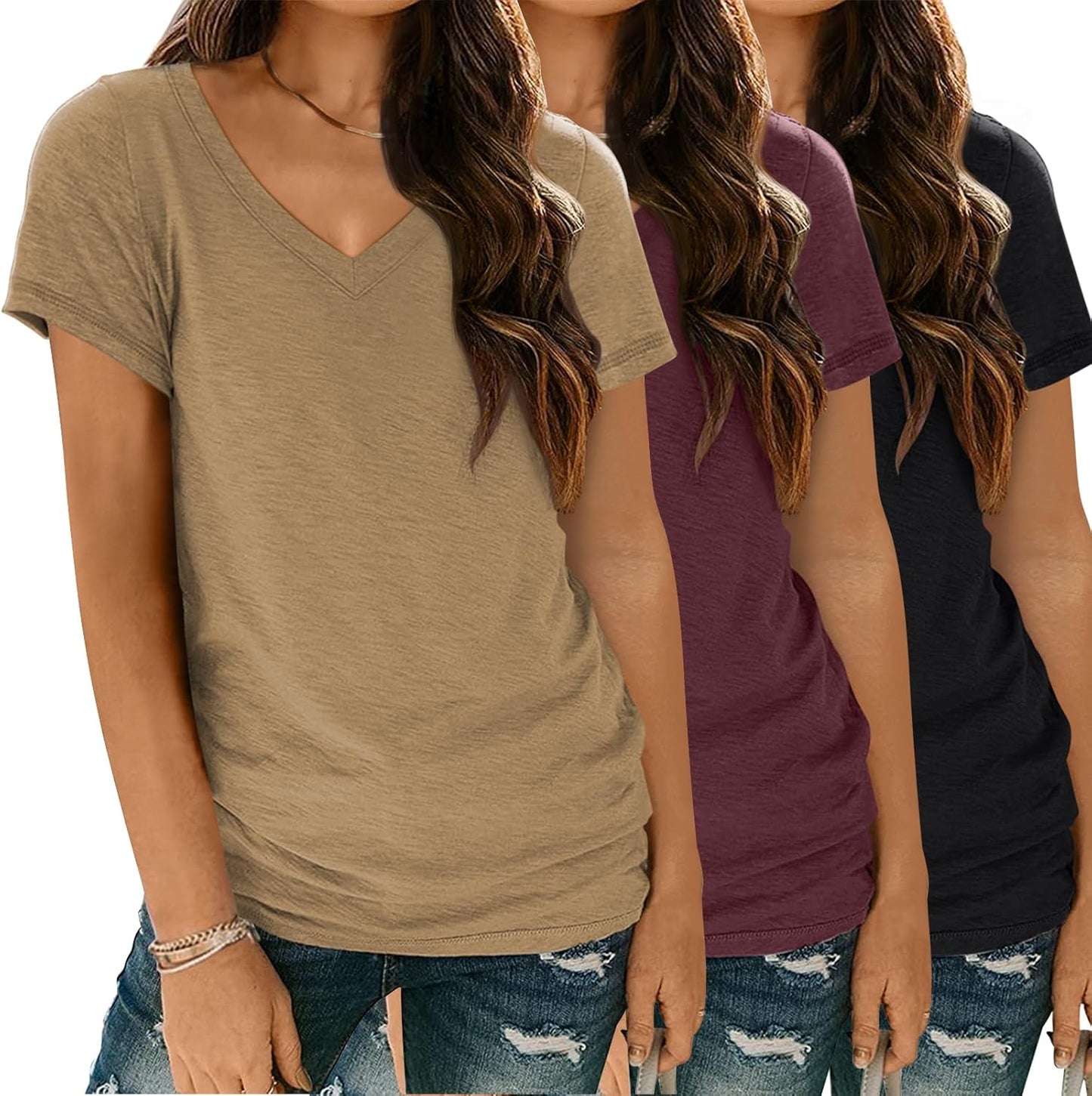 3 Pack V Neck T Shirts for Women - Casual Summer Tops