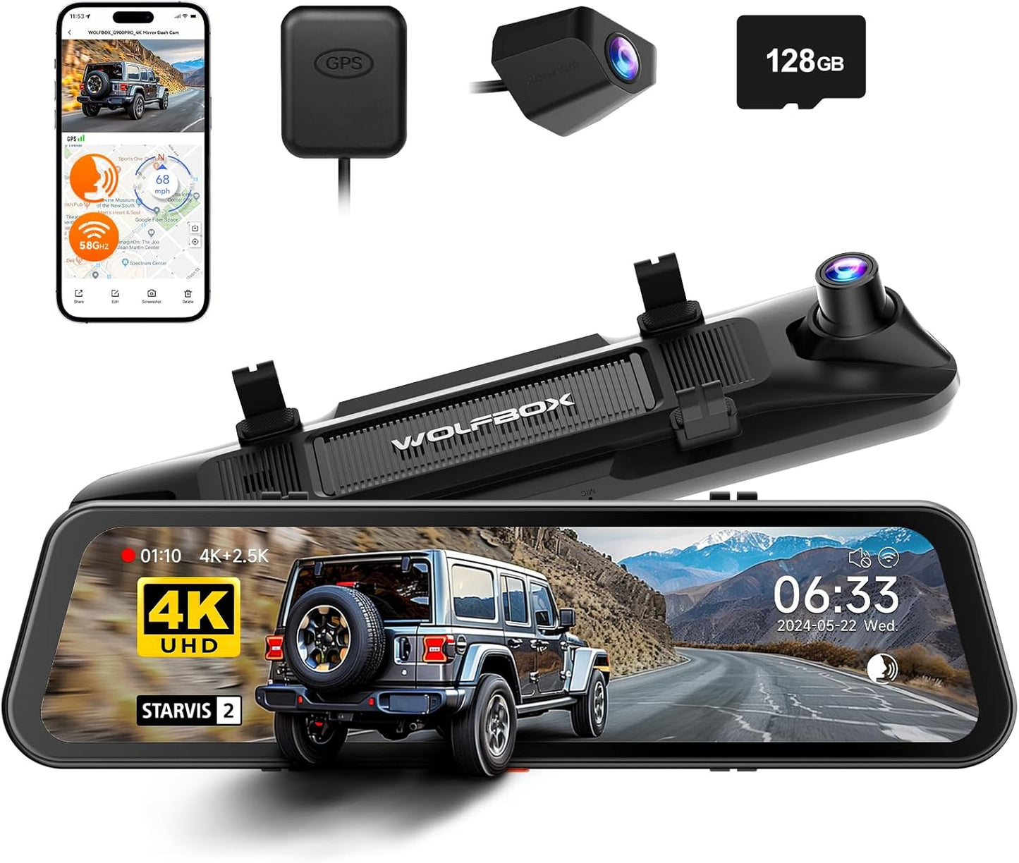 WOLFBOX G900 PRO Mirror Dash Cam with 4K Front and 2.5K Rear
