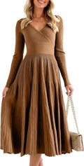 Womens Long Sleeve Midi Sweater Dress - Pleated A-Line Knit