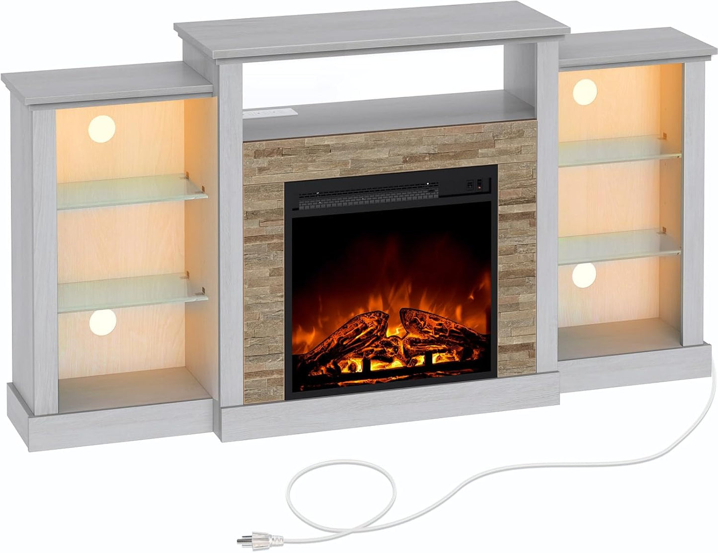 Rolanstar Fireplace TV Stand: LED Lights, Power Outlets, Ivory White