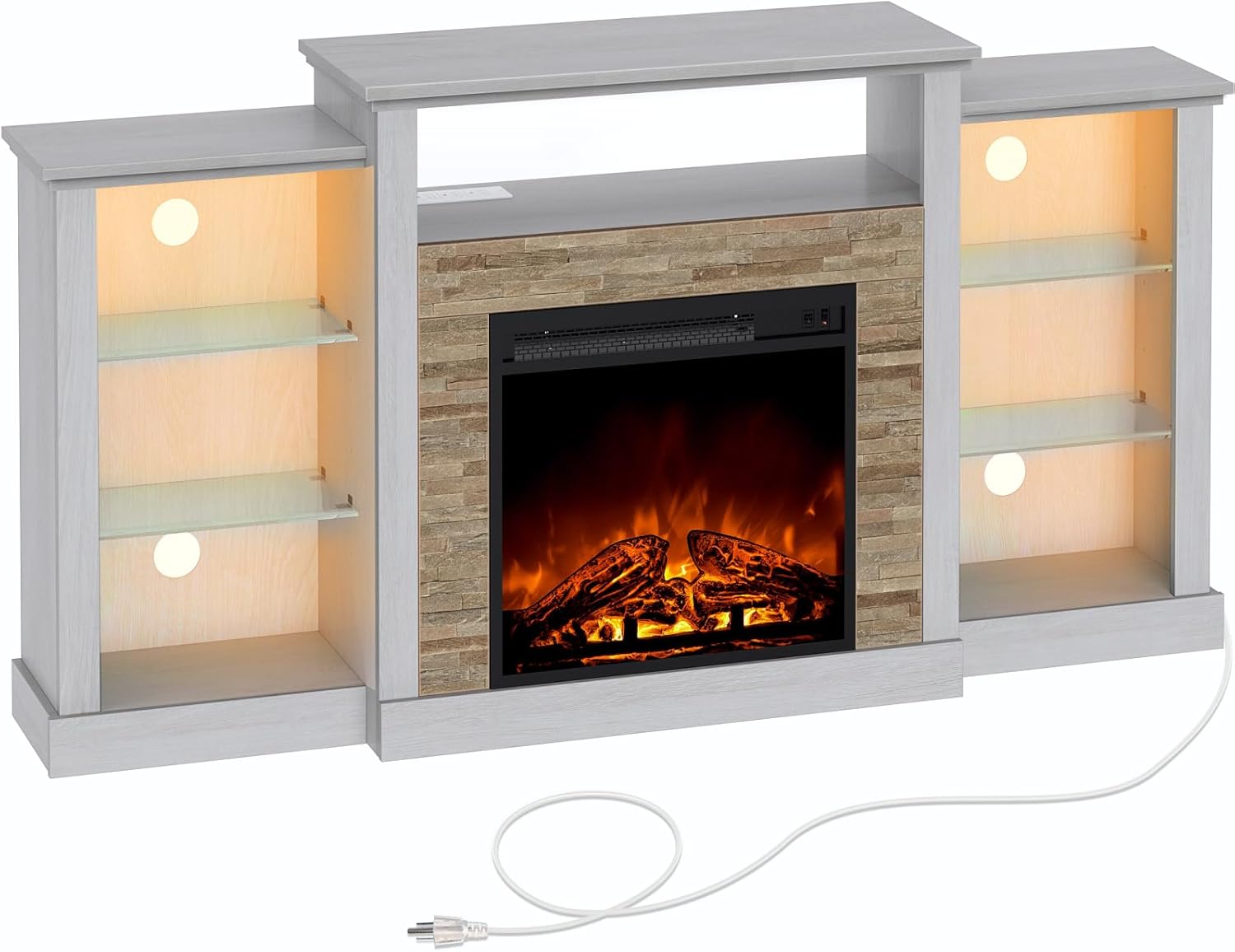 Rolanstar Fireplace TV Stand: LED Lights, Power Outlets, Ivory White