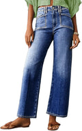 Womens Wide Leg Jeans High Waisted Stretchy Buttoned Denim - Trendy