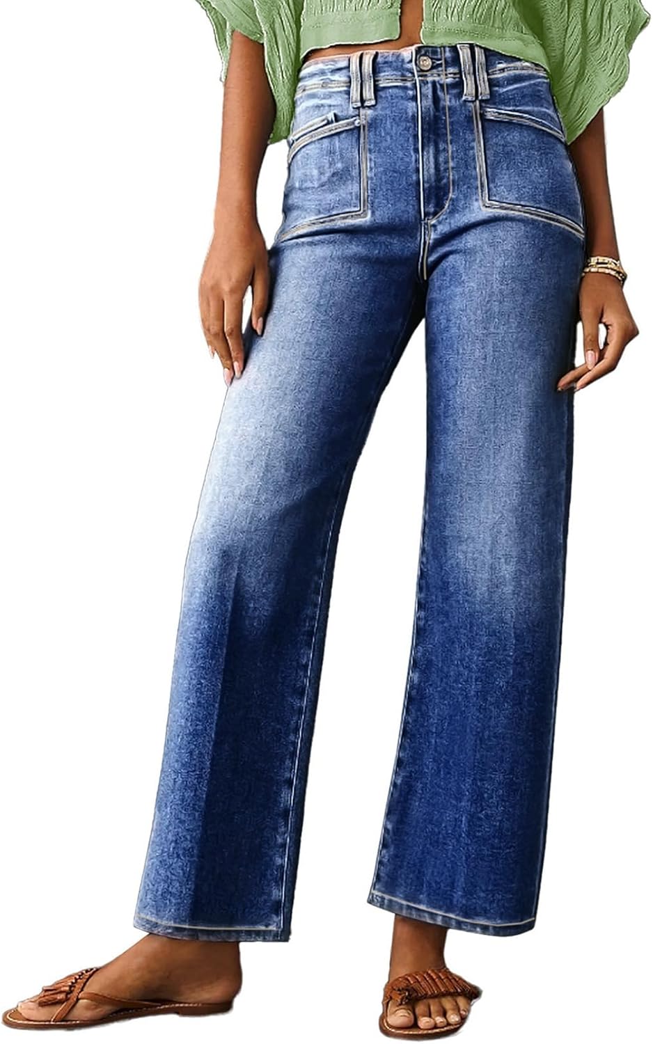 Astylish Womens Wide Leg Jeans High Waisted Stretchy Denim Pants