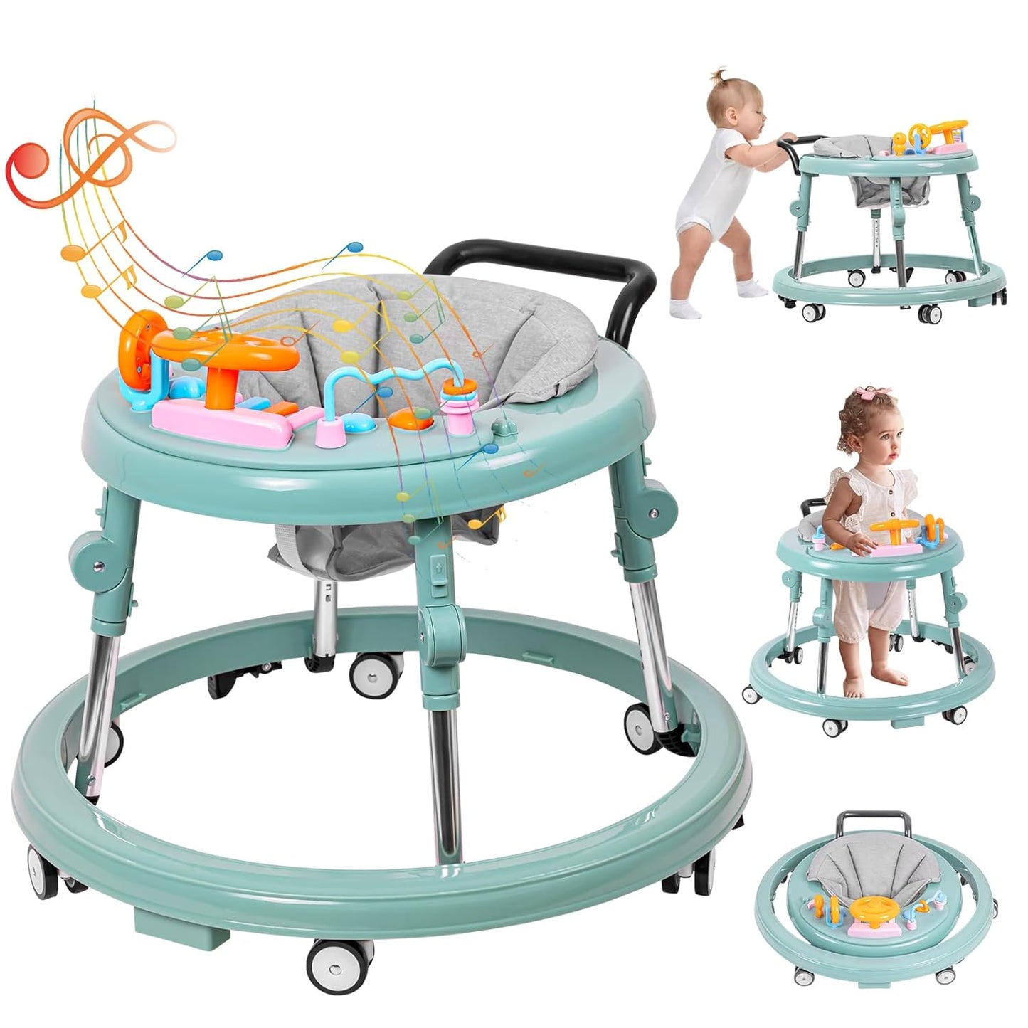 5-Height Foldable Baby Walker with Music & Tray