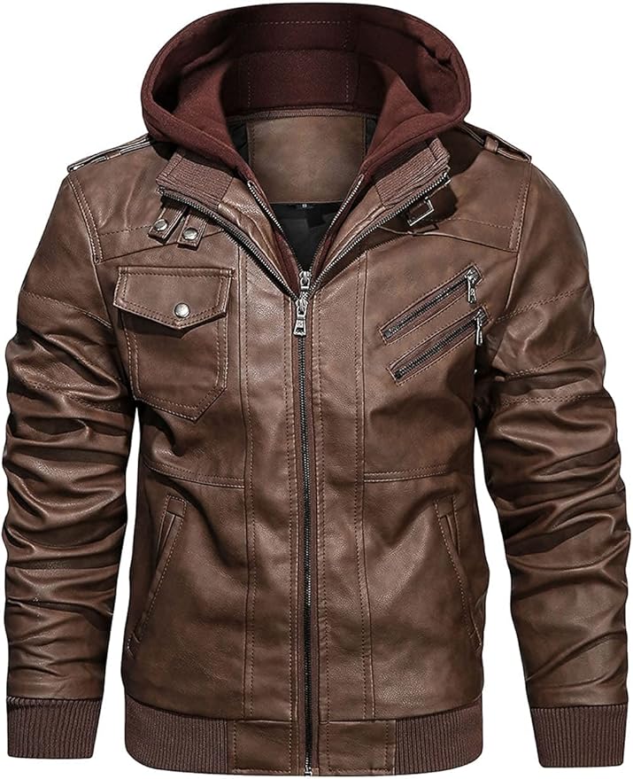 HOOD CREW Mens Casual Stand Collar Faux Leather Motorcycle Jacket