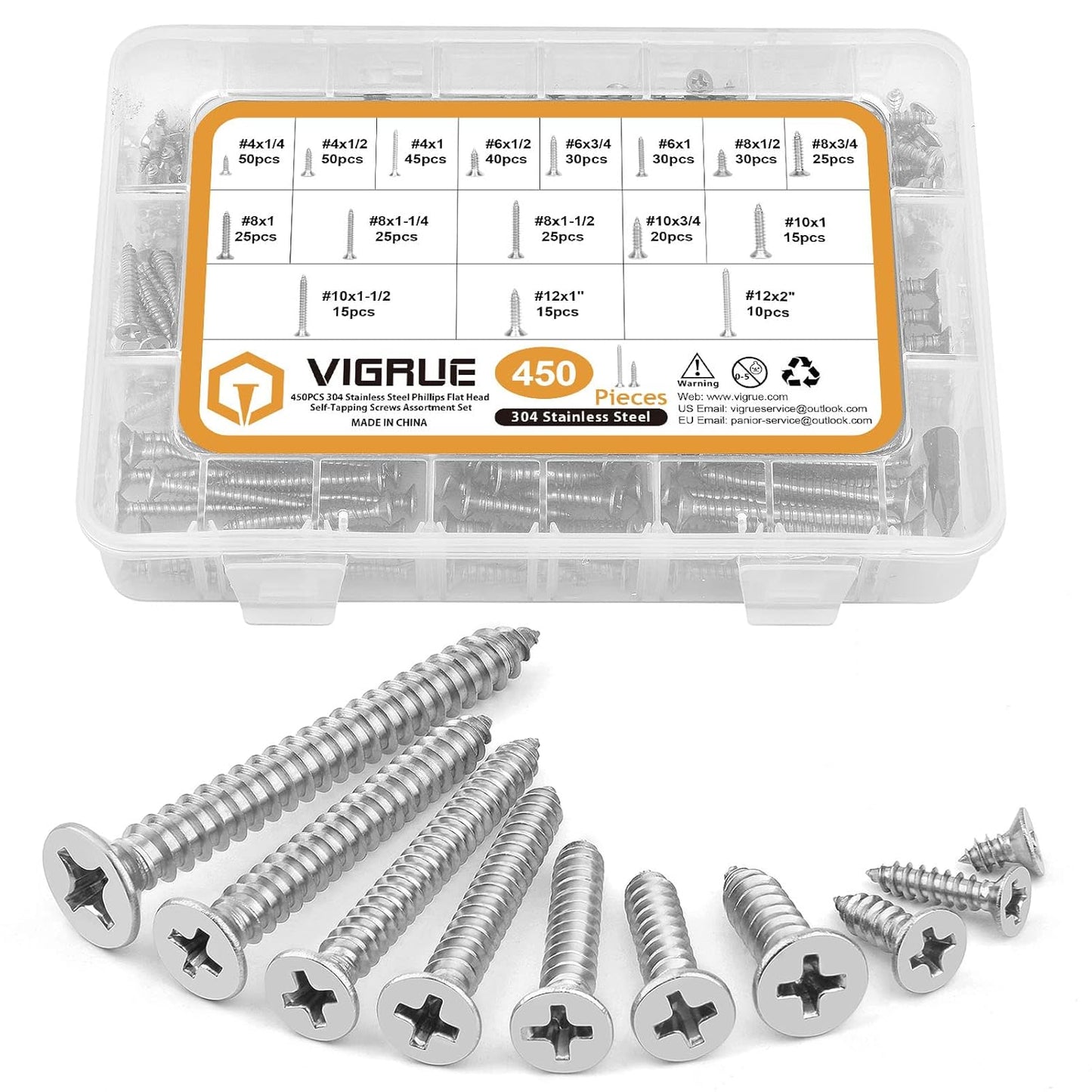 VIGRUE 450Pcs Stainless Steel Wood Screws Set for All Projects