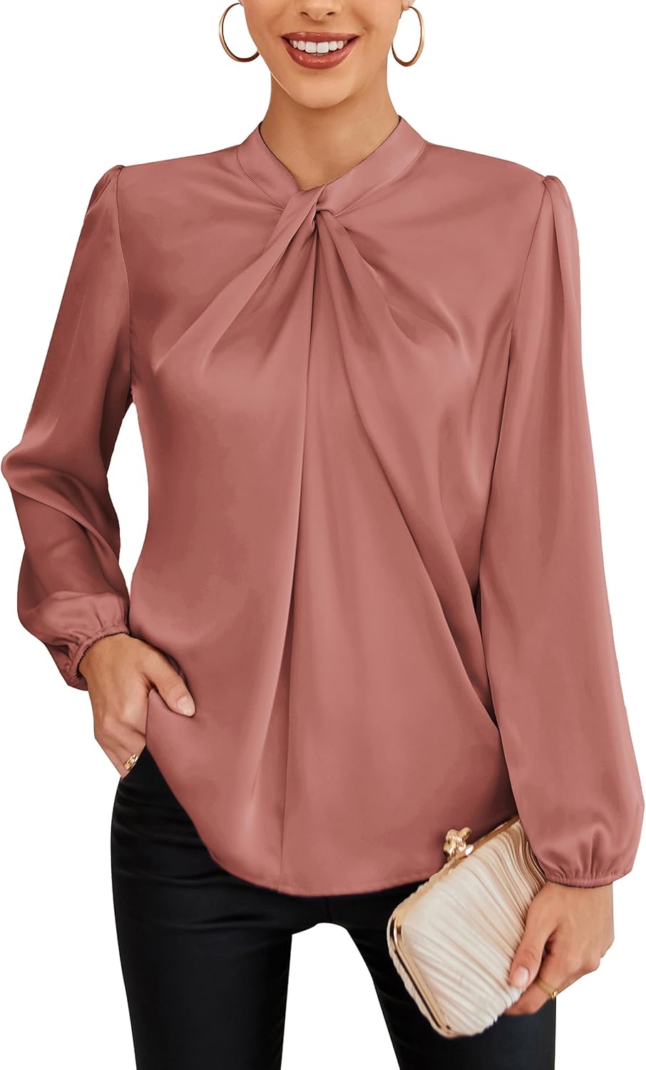 GRACE KARIN Women's Long Sleeve Mock Neck Satin Blouse Tops