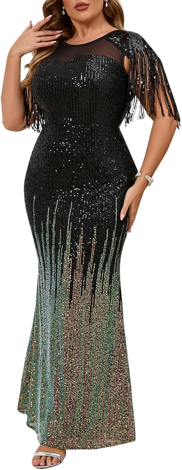 Cololura Sexy Sequin Tassel Mesh Bodycon Evening Maxi Dress