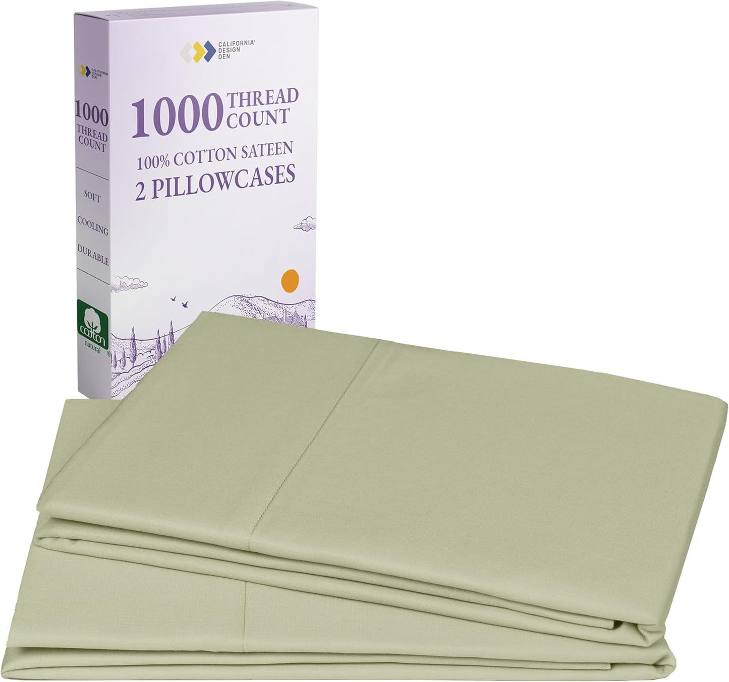 Luxury 1000 Thread Count King Pillow Cases Set of 2 in Sage Green