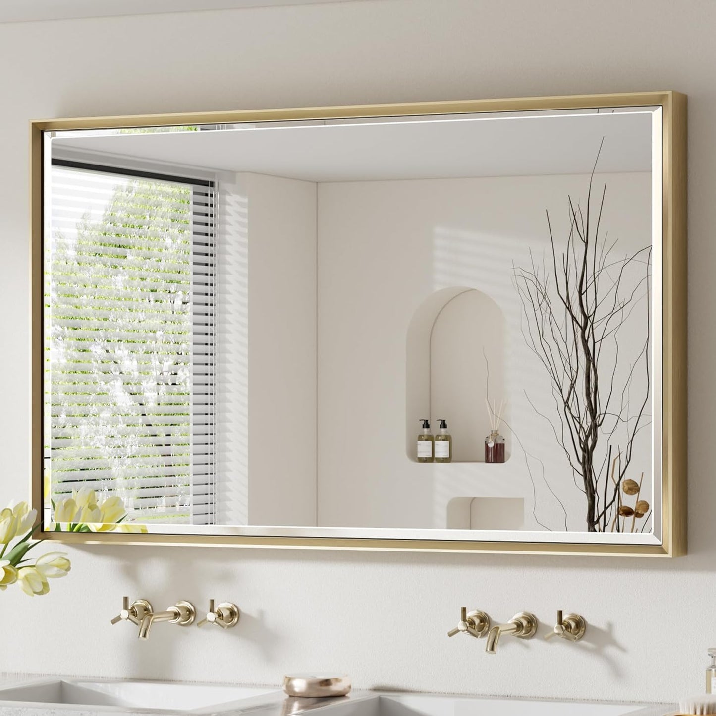 48 x 30 Gold Bathroom Mirror with Beveled Design for Elegance