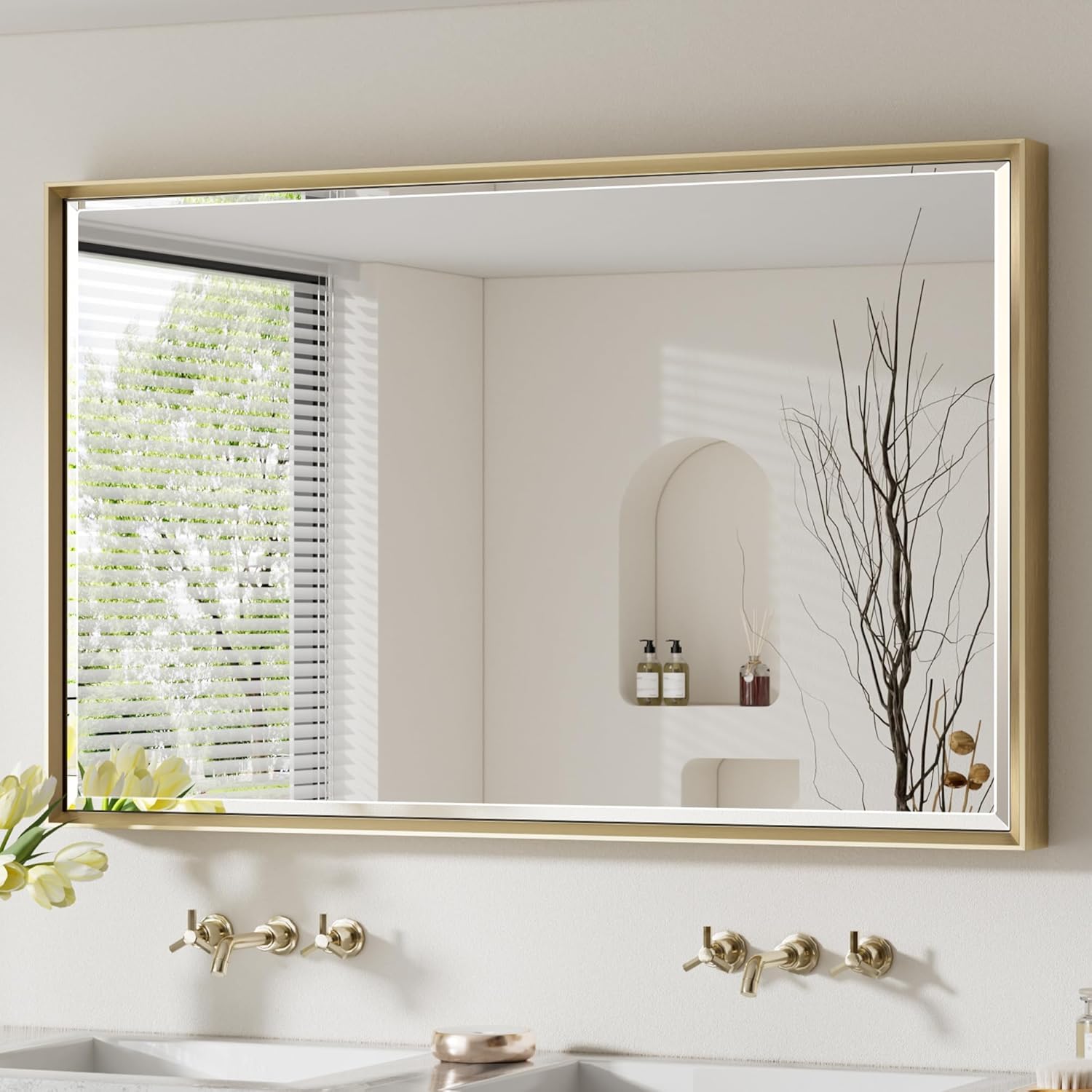 48 x 30 Gold Bathroom Mirror with Beveled Design for Elegance