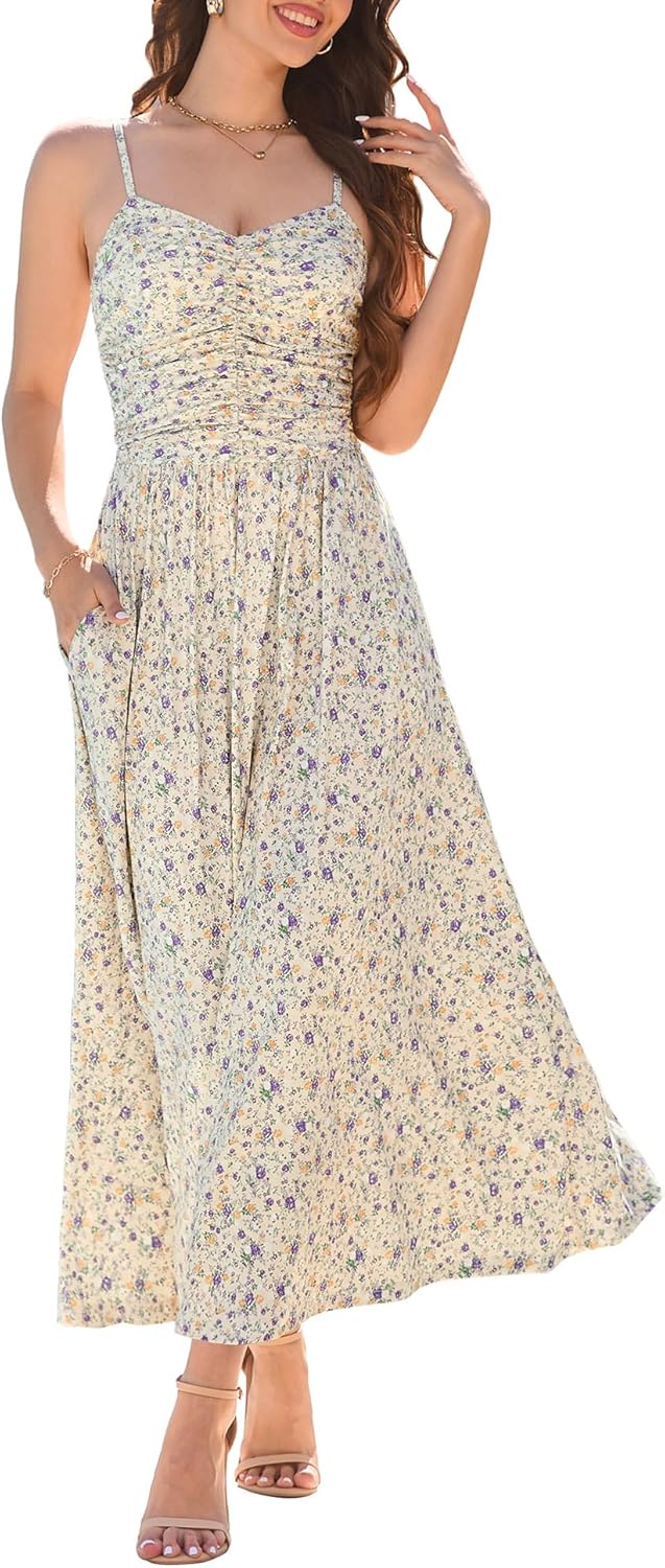 Annebouti Women 2025 Summer Fall Ruched Maxi Dress with Pockets