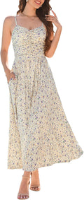Women Ruched Maxi Dress with Pockets - Floral Spaghetti Strap
