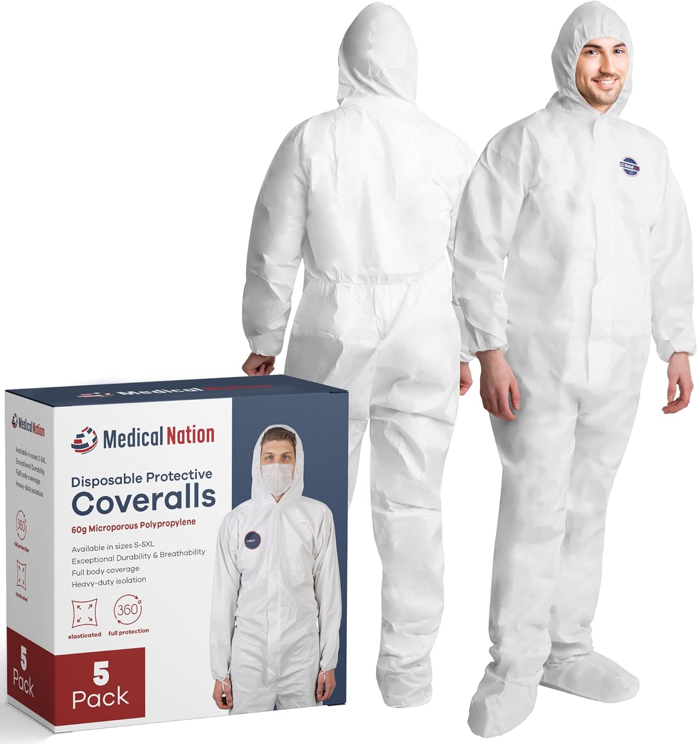Hazmat Suits Disposable 5 Pack Heavy Duty Protective Coveralls