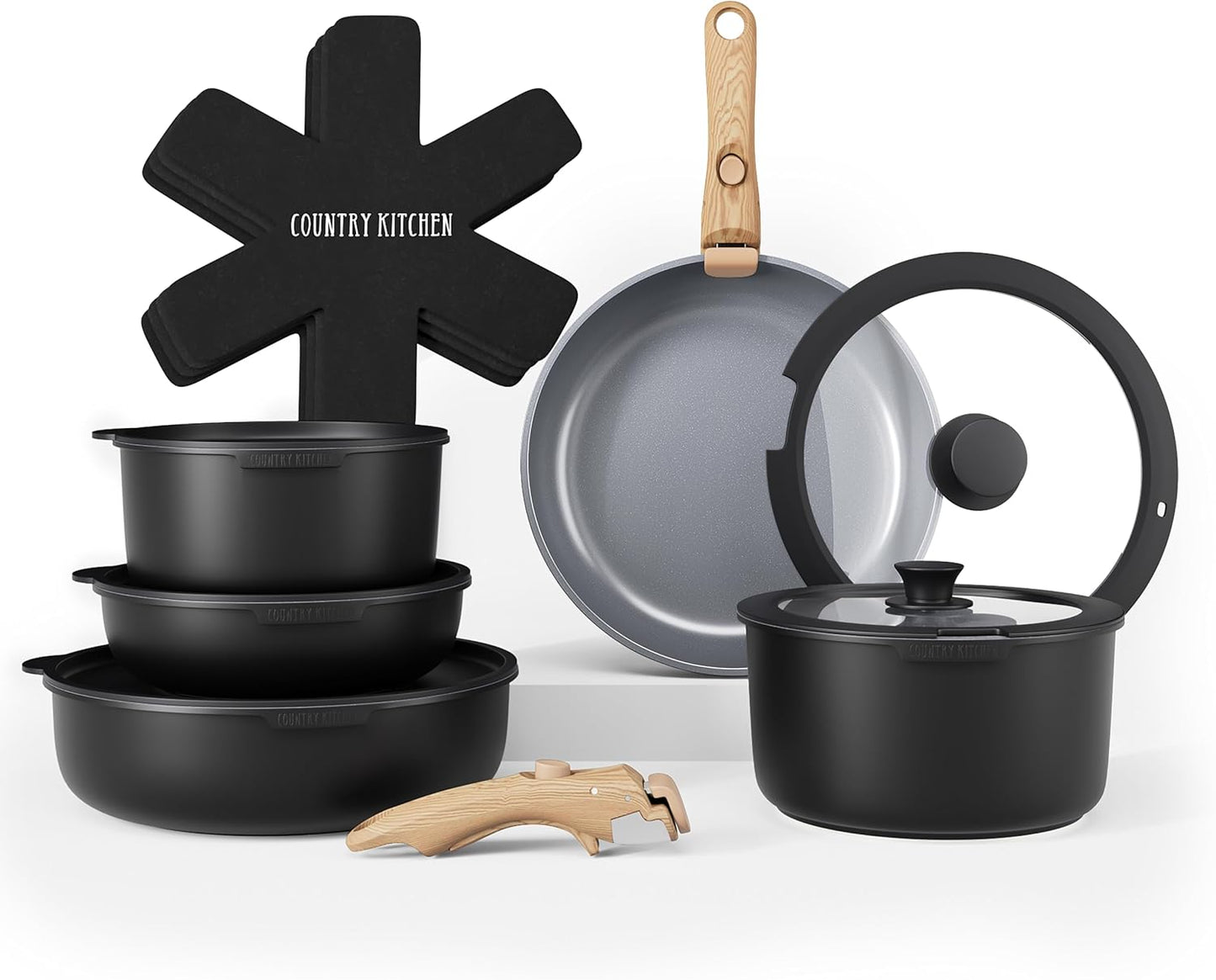 Country Kitchen Cookware Set with Removable Handle for Versatility
