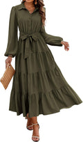 Women's Long Sleeve Button Down A-Line Maxi Dress - Flowy Ruffle