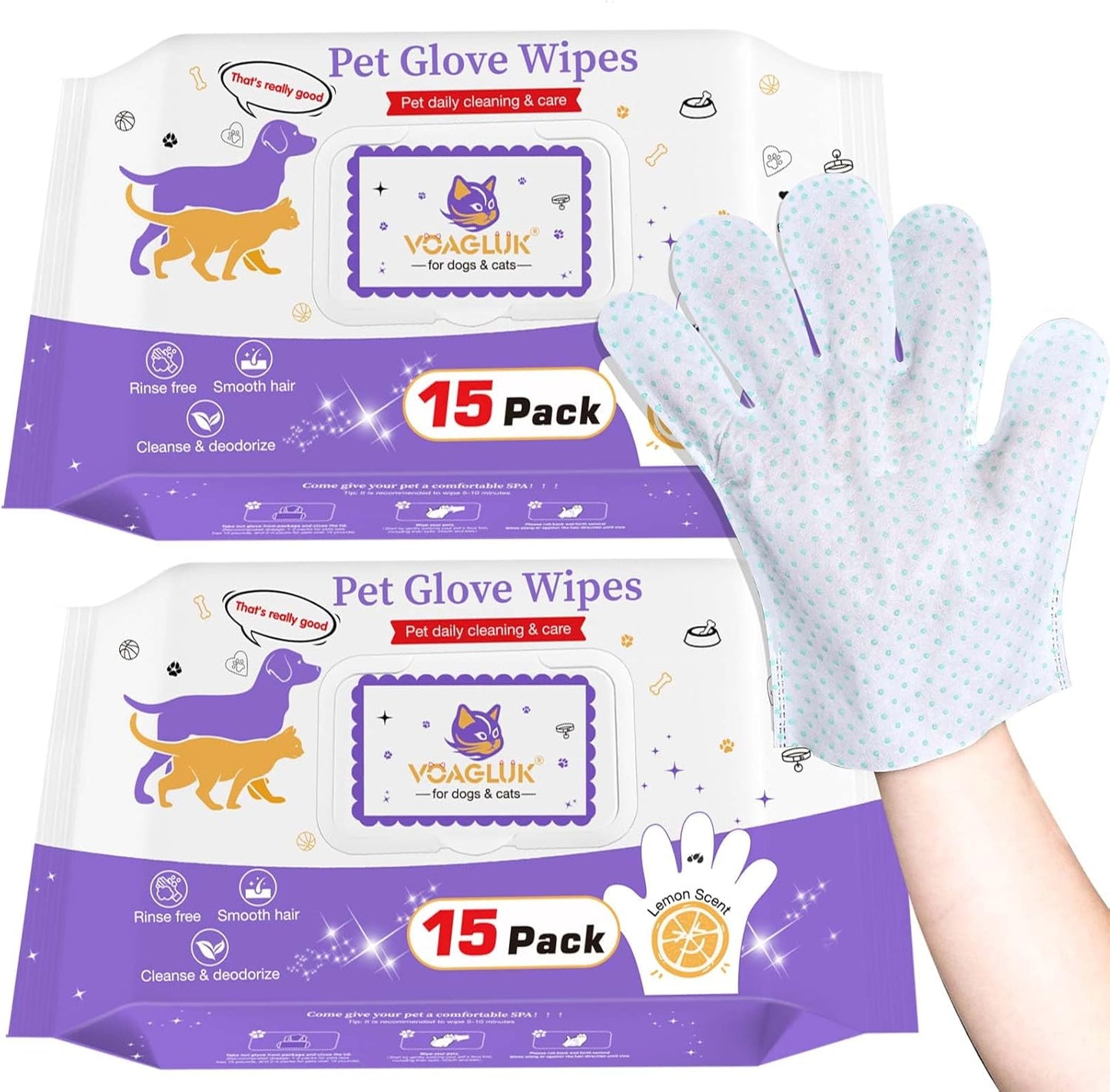 VoagLuk Pet Wipes - Extra Thick & Rinse-Free Grooming Gloves