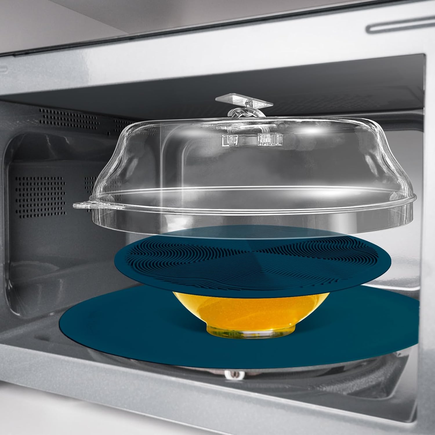 3-in-1 JesDiary Microwave Cover & Mat Set, Splatter Guard & Plate Holder, Navy Blue