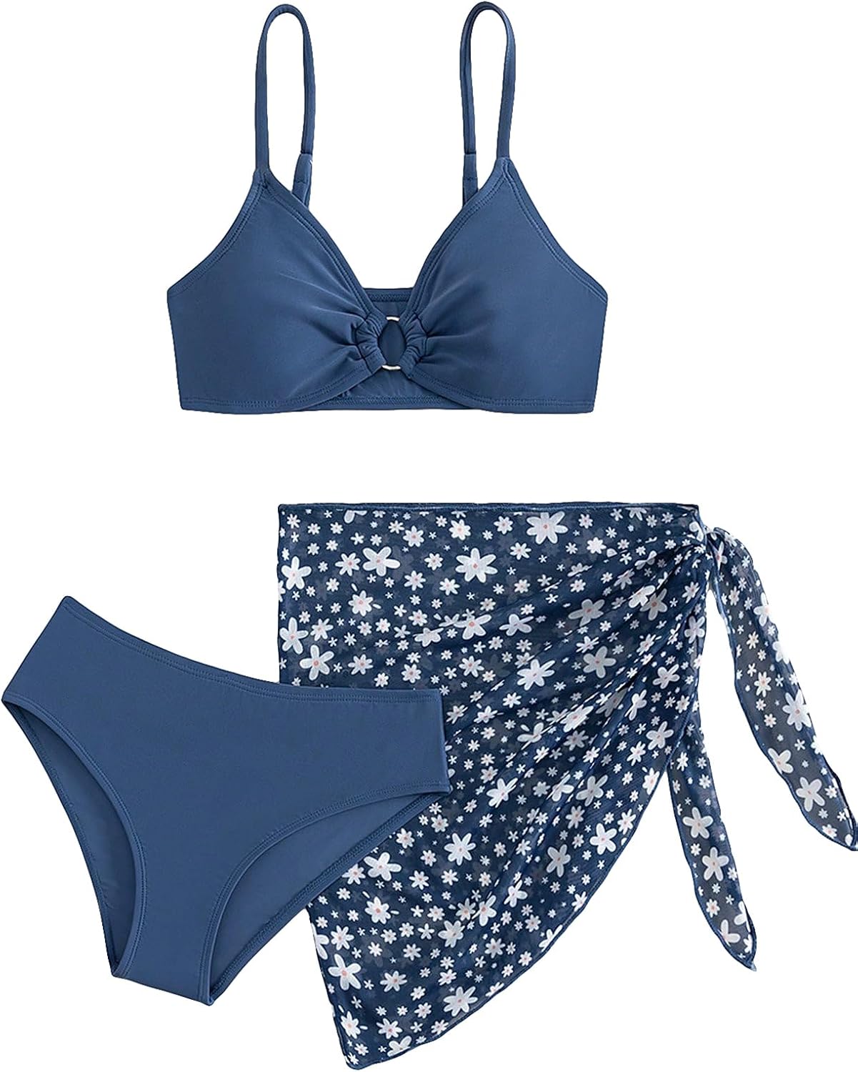 Ditsy Floral Print 3 Piece Bikini Set with Beach Skirt for Girls