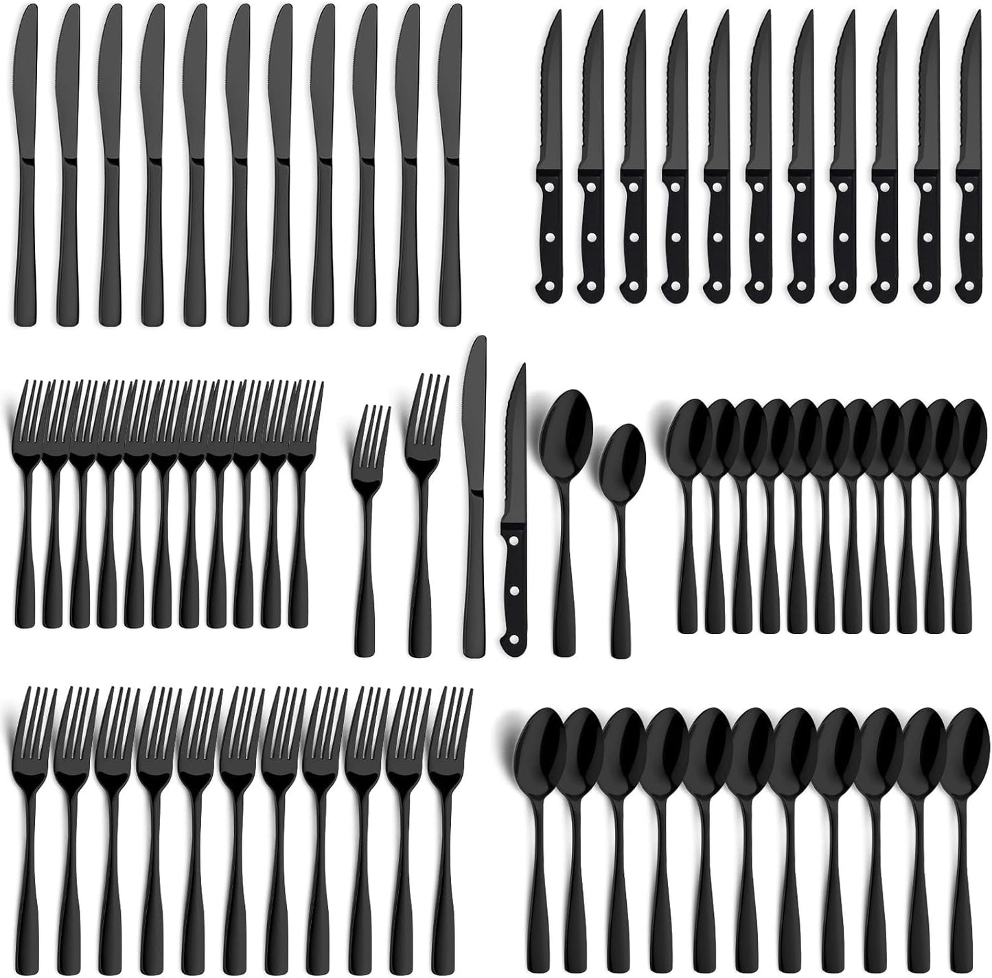 72-Piece Black Silverware Set for 12 - Premium Stainless Steel