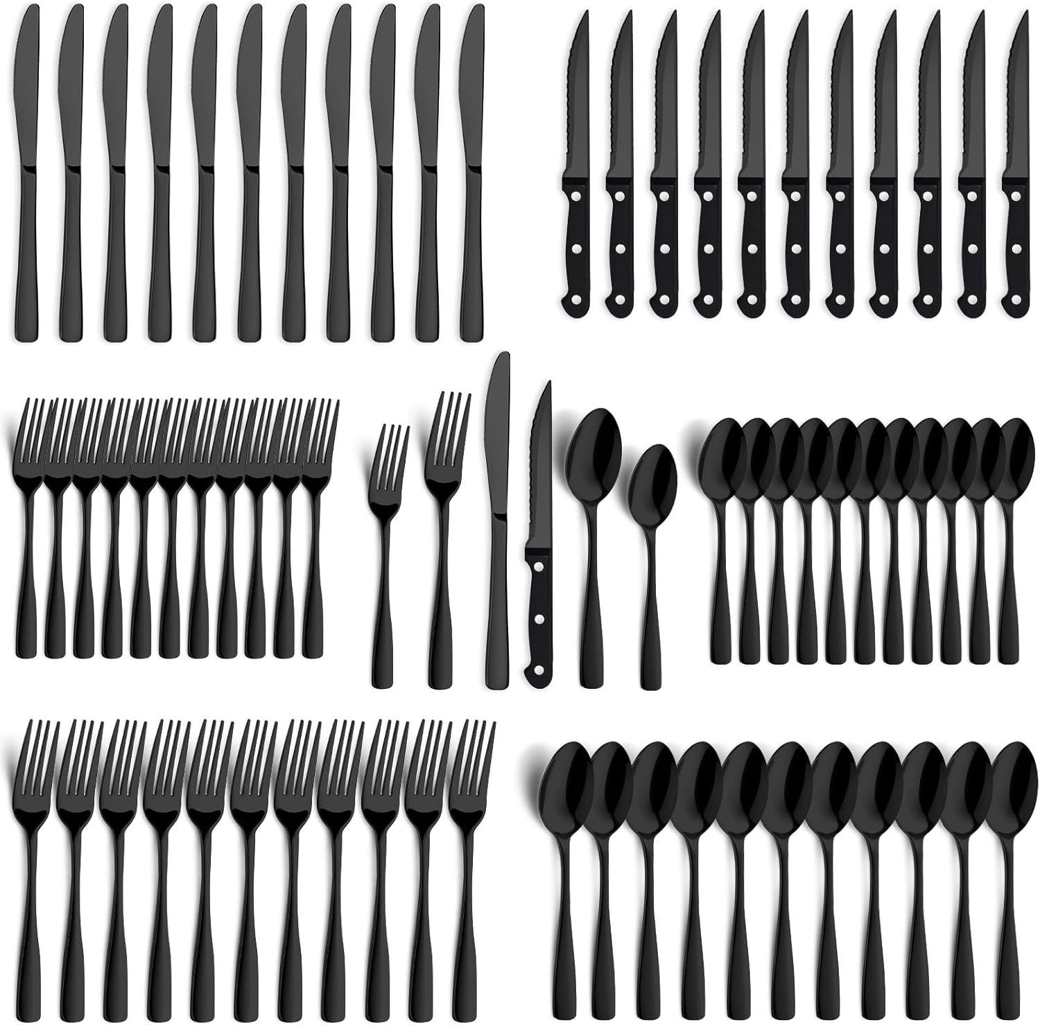 72-Piece Black Silverware Set for 12 - Premium Stainless Steel