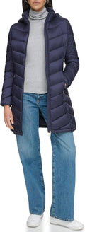 Calvin Klein Women's Long Chevron Puffer Jacket - Lightweight Hooded