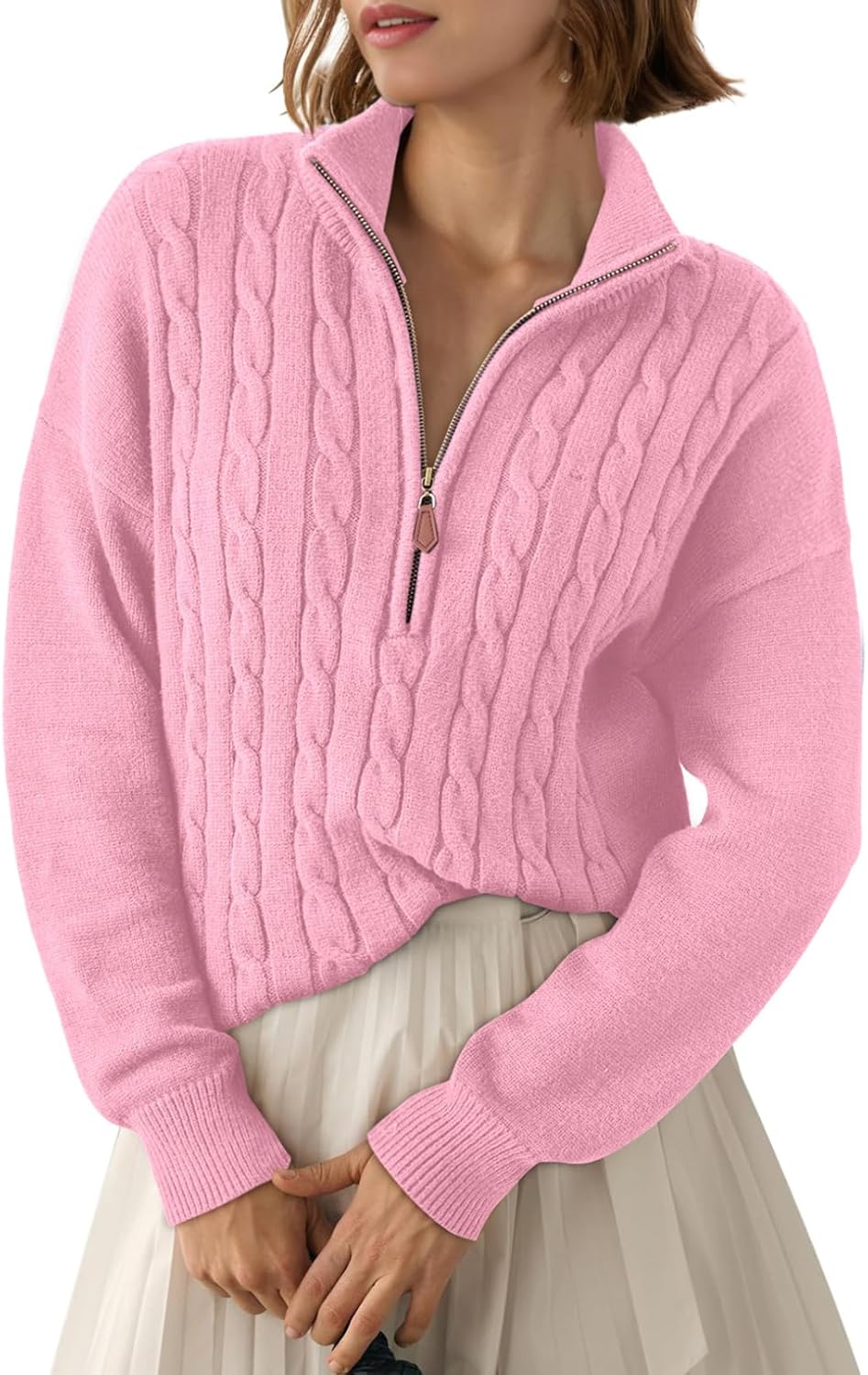 Dokotoo Women's Quarter Zip Casual Ribbed Cable Knit Pullover
