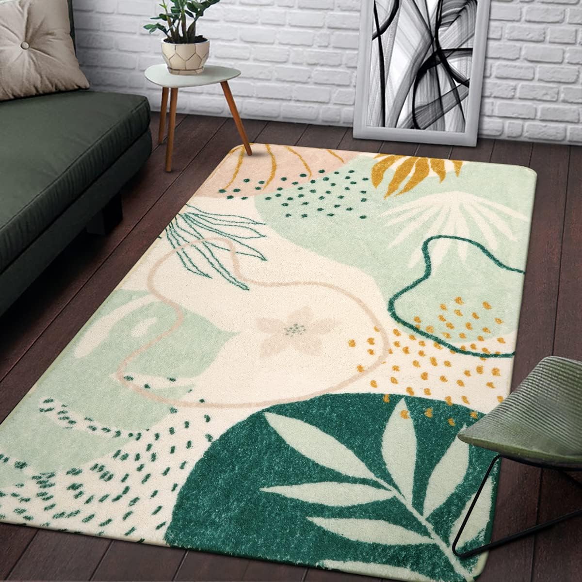Lahome Green Botanical Print Non-Slip Area Rug